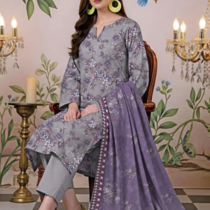 Women's grey printed lawn 3 pcs