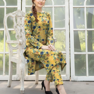 women's 2 piece khaddar yellow suit