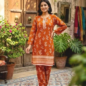 Lawn cotton 2 piece orange printed suit.