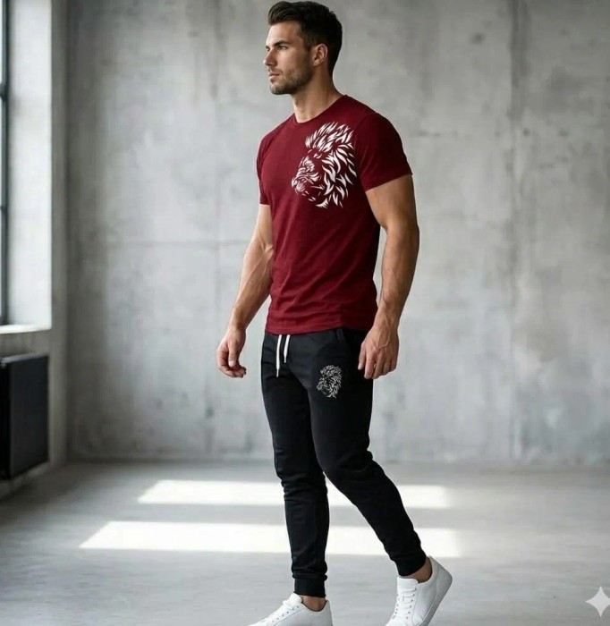 Men Maroon printer track suit.